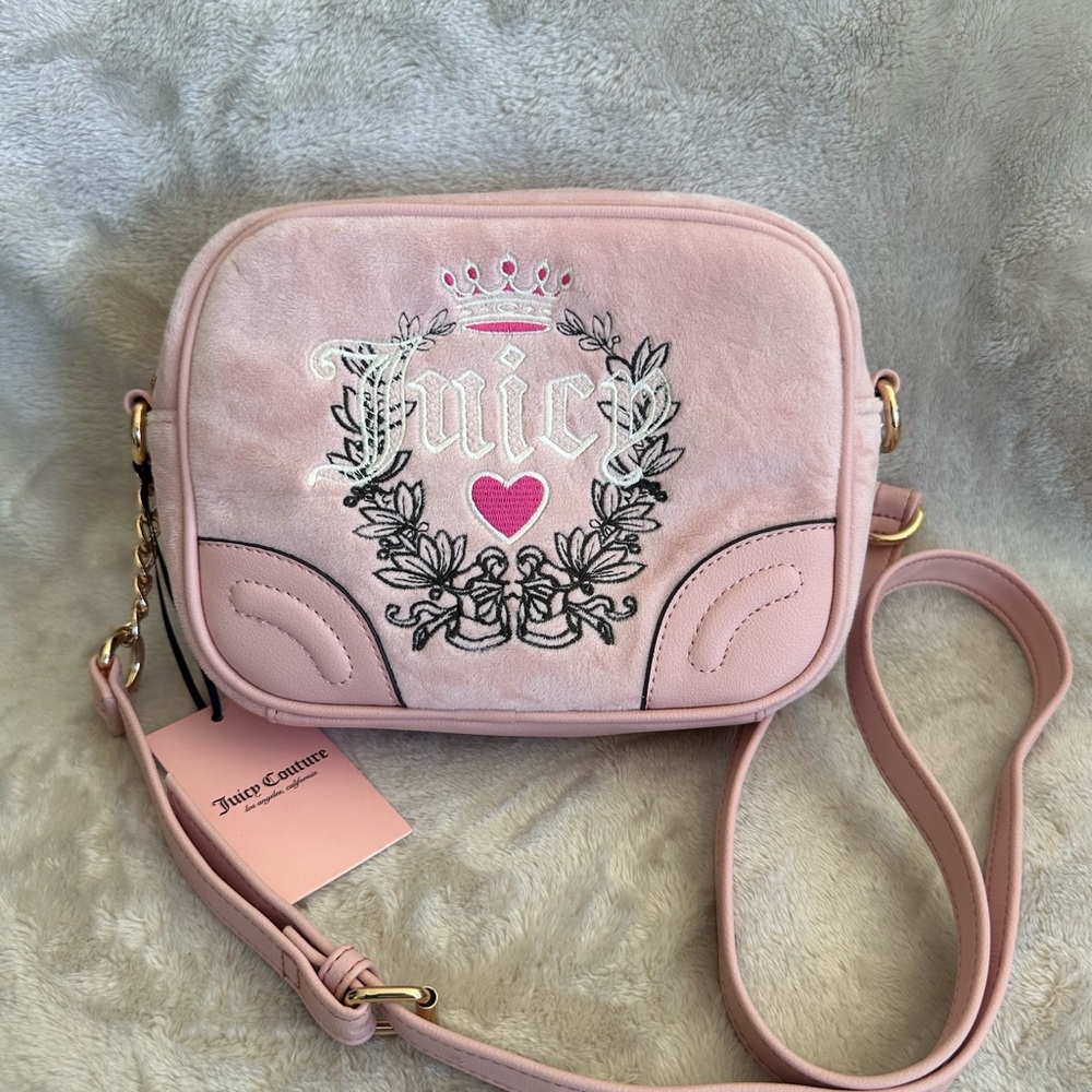 Juicy Couture Light Pink Velvet Embroidered Crossbody Bag